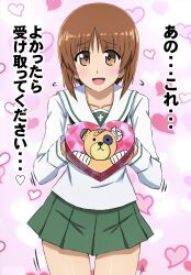1girl black_neckerchief blouse blush boko_(girls_und_panzer) box brown_eyes brown_hair character_print commentary cowboy_shot flying_sweatdrops gift girls_und_panzer giving green_skirt heart heart-shaped_box heart_background highres holding holding_gift leaning_forward long_sleeves miniskirt motion_lines neckerchief nishizumi_miho omachi_(slabco) ooarai_school_uniform pink_background pleated_skirt sailor_collar school_uniform serafuku shirt short_hair skirt solo standing white_sailor_collar white_shirt