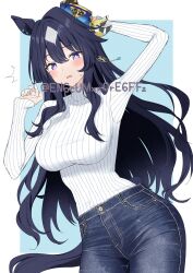 1girl ^^^ absurdres adversarial_noise alternate_costume anchor_symbol animal_ears arm_behind_head arm_up blue_background blue_eyes blue_hair blue_pants blue_tail blush border breasts bright_pupils casual commentary contrapposto cowboy_shot curled_fingers denim diamond_(shape) ear_covers ear_ornament ear_piercing hair_between_eyes hand_up highres horse_ears horse_girl horse_tail jeans large_breasts legs_together long_hair long_sleeves looking_at_viewer mole mole_under_eye outside_border pants parted_lips piercing ribbed_sweater sidelocks single_ear_cover sleeves_past_wrists solo standing sweatdrop sweater sweater_tucked_in tail turtleneck turtleneck_sweater twitter_username umamusume verxina_(umamusume) white_border white_pupils white_sweater yamano_rokamizu