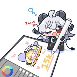 2girls ahoge blonde_hair chibi chibi_only demon_horns demon_tail drawing_tablet hat highres horns mole multiple_girls one_eye_closed phoebe_(wuthering_waves) purple_eyes red_eyes syurikenmaru tail thank_you wuthering_waves zani_(wuthering_waves)