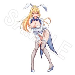 1girl animal_ear_hairband animal_ears blush bow bowtie breasts cleavage embarrassed fake_animal_ears fake_tail full_body hair_between_eyes hairband hazure_skill_&quot;kinomi_master&quot;:_skill_no_mi_(tabetara_shinu)_wo_mugen_ni_taberareru_you_ni_natta_ken_ni_tsuite high_heels high_ponytail highleg highleg_leotard jacket large_breasts lena_floria leotard long_hair long_sleeves looking_at_viewer miyadani_risa open_clothes open_jacket open_mouth pigeon-toed playboy_bunny ponytail rabbit_ear_hairband rabbit_ears rabbit_tail red_eyes ribbon sample_watermark simple_background solo tail thighs watermark wavy_mouth white_background white_jacket