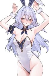 1girl absurdres animal_ears aqua_eyes armband armpits arms_up blue_hair blush breasts cleavage commentary cowboy_shot earrings english_commentary fake_animal_ears frilled_armband frills fur_wrist_cuffs hair_between_eyes hair_intakes halo head_wings highres honkai:_star_rail honkai_(series) jewelry leotard light_blush long_hair looking_at_viewer miclipse open_mouth playboy_bunny rabbit_ears rabbit_pose rabbit_tail robin_(honkai:_star_rail) solo tail thighs very_long_hair white_background white_leotard white_wings wings wrist_cuffs