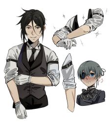 2boys absurdres age_difference black_hair blue_eyes butler ciel_phantomhive eyepatch gloves hair_between_eyes highres implied_yaoi kuroshitsuji looking_at_viewer male_focus multiple_boys necktie onii-shota ouji_fashion red_eyes sebastian_michaelis shirt short_hair smile uneasywolf victorian white_gloves