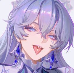 1girl absurdres cantarella_(wuthering_waves) commentary earrings facial_mark hair_between_eyes highres jewelry long_hair looking_at_viewer mark_under_eye portrait purple_eyes purple_hair roci_mello_(naofaro) solo tacet_mark_(wuthering_waves) tongue tongue_out wuthering_waves
