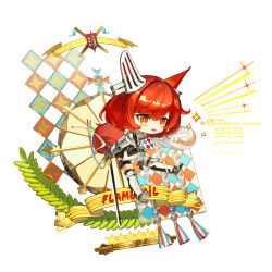 :d absurdres animal_ears arknights armor blush_stickers bright_pupils character_name chibi chibi_only chinese_commentary commentary_request cuirass ear_armor ear_covers flametail_(arknights) full_body gauntlets highres holding holding_sword holding_weapon jumping leg_armor looking_ahead maojing open_mouth orange_eyes red_hair red_tail sabaton short_hair simple_background single_ear_cover smile sparkle star_(symbol) sword tail tassel too_many_watermarks watermark weapon white_background white_pupils wreath