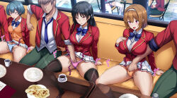 4boys 4girls advanced_nurturing_high_school_uniform black_hair black_thighhighs blazer blue_bow blue_bowtie blue_hair booth_seating bow bowtie braid breasts brown_hair brown_panties collared_shirt commentary_request daiaru female_ejaculation garter_straps green_pants hairband hand_in_panties hetero horikita_suzune ibuki_mio jacket kushida_kikyou large_breasts long_hair long_sleeves multiple_boys multiple_girls panties pants pink_panties pleated_skirt public_indecency purple_eyes pussy_juice red_eyes red_jacket remote_control_vibrator ribbon sakayanagi_arisu school_uniform sex_toy shirt short_hair single_braid skirt smile stealth_fingering striped_clothes striped_panties thighhighs underwear vibrator vibrator_under_clothes vibrator_under_panties white_garter_straps white_panties white_shirt white_skirt white_thighhighs youkoso_jitsuryoku_shijou_shugi_no_kyoushitsu_e
