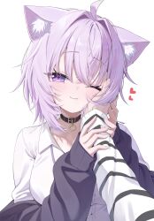1girl 1other ;3 absurdres ahoge ai_(u_e_o_o) animal_ear_fluff animal_ears black_jacket cat_ears cat_girl collared_shirt commentary_request crossed_bangs dress_shirt hair_between_eyes hand_grab hand_on_another&#039;s_cheek hand_on_another&#039;s_face highres hololive jacket long_sleeves looking_at_viewer medium_hair messy_hair neck_ribbon nekomata_okayu nekomata_okayu_(oversized_shirt) official_alternate_costume one_eye_closed open_clothes open_jacket pov pov_hands purple_eyes purple_hair purple_ribbon ribbon shirt simple_background solo_focus upper_body virtual_youtuber white_shirt