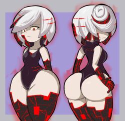 Rule 34 | 1girl, ass, aura, black leotard, border, breasts, closed mouth, collarbone, from behind, from below, grey border, grey hair, leotard, multicolored hair, multiple views, purple background, red eyes, red hair, sage (sonic), shaded face, short hair, simple background, small breasts, sonic (series), sonic frontiers, streaked hair, thick thighs, thighs, yelladrill