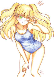 Rule 34 | 1girl, absurdres, bare legs, bare shoulders, blonde hair, blue one-piece swimsuit, breasts, closed mouth, collarbone, competition school swimsuit, green eyes, gyaru, hand on own thigh, highres, idolmaster, idolmaster cinderella girls, iraren san, jougasaki rika, knees, leaning forward, long hair, one-piece swimsuit, one eye closed, scan, school swimsuit, simple background, solo, standing, swimsuit, thighs, traditional media, v, white background