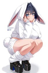 1girl alternate_costume animal_hood black_shoes blue_eyes blue_hair breasts closed_mouth fake_tail fanged_bangs full_body hair_intakes highres hololive hololive_english hood hood_up hoodie large_breasts looking_at_viewer oioi_ainomo ouro_kronii platform_shoes puffy_short_sleeves puffy_sleeves rabbit_hood rabbit_tail shoes short_hair short_sleeves shorts simple_background solo squatting tail virtual_youtuber white_background white_hoodie white_shorts