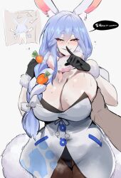 1boy 2girls animal_ears areola_slip ass bare_shoulders black_gloves blush braid breasts chibi cleavage clothes_hanger clothes_theft completely_nude cosplay costume_switch finger_to_mouth fur_trim gloves grabbing_another&#039;s_breast groping hair_ornament hetero highres hololive huge_breasts index_finger_raised kurenaiz_(kuayrenaiz) leotard long_hair looking_at_viewer mature_female mother_and_daughter multicolored_hair multiple_girls nude open_mouth pantyhose pekomama pov rabbit_ears shushing sketch smile theft undersized_clothes usada_pekora usada_pekora_(cosplay) virtual_youtuber