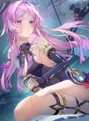 1boy 1girl aether_(genshin_impact) bare_shoulders black_leotard blue_eyes blush bracelet braid breasts can citlali_(genshin_impact) cleavage cleavage_cutout clothing_cutout commentary_request cryo_symbol_(genshin_impact) drink drink_can facial_mark fingerless_gloves floating_hair floating_headgear genshin_impact glove_cutout gloves gold_armlet headgear highres holding holding_can holding_drink jewelry leotard long_hair looking_at_viewer medium_breasts mizurapi night night_sky no_pupils on_pillow open_mouth outdoors pink_hair shooting_star sitting sky leotard sleeveless_turtleneck_leotard solo_focus triangle triangle_facial_mark twin_braids vision_(genshin_impact) wariza