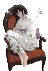 Rule 34 | 1girl, absurdres, black hair, floral print, floral print kimono, from side, hair between eyes, highres, japanese clothes, jinling ovo, kimono, looking at viewer, medium hair, obi, on chair, open mouth, original, print kimono, purple sash, sash, sidelocks, sideways sitting pose (han-0v0), sitting, sitting sideways, white kimono, yellow eyes