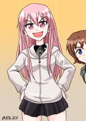 Rule 34 | 2girls, akaboshi koume, artist name, black eyes, black skirt, blush, breasts, frown, girls und panzer, girls und panzer little army, grey shirt, highres, hood, hoodie, kuromorimine military uniform, long hair, looking at viewer, miniskirt, multiple girls, nspa (spa-jcs), pink eyes, pink hair, sheska (girls und panzer), shirt, skirt, smug, twitter username, white hoodie