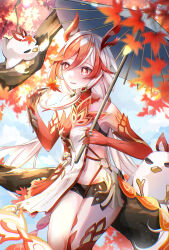 Rule 34 | 1girl, absurdres, bare shoulders, black shorts, blue sky, blurry, blurry foreground, chinese clothes, clawed gauntlets, commentary request, cowboy shot, day, ec44gp4lflmi1wz, fu hua, fu hua (garuda), gauntlets, highres, holding, holding leaf, holding umbrella, honkai (series), honkai impact 3rd, jingwei (bird), leaf, maple leaf, multicolored hair, navel, oil-paper umbrella, parted lips, red eyes, red hair, shirt, short shorts, shorts, sky, smile, solo, stomach, thighs, two-tone hair, umbrella, white hair, white shirt, yellow pupils