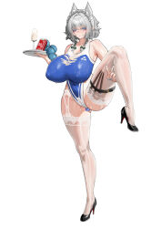 1girl absurdres alternate_breast_size anal anal_beads anal_object_insertion belt black_shoes blue_nails blue_one-piece_swimsuit breasts butt_plug covered_erect_nipples cum cum_in_container cum_in_cup cum_on_clothes garter_belt grey_hair high_heels highleg highleg_one-piece_swimsuit highres holding holding_tray huge_breasts impossible_clothes impossible_swimsuit izayoi_sakuya jewel_butt_plug maid_headdress nail_polish object_insertion one-piece_swimsuit sex_toy shoes short_hair simple_background solo standing standing_on_one_leg swimsuit thigh_belt thigh_strap thighhighs touhou tray user_ckkx8884 v variant_set white_background white_garter_belt white_thighhighs
