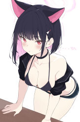 ... 1girl absurdres alternate_costume animal_ears armpit_crease bikini bikini_under_shorts black_bikini black_choker black_hair black_hoodie black_shorts blue_archive blush breasts cat_ears cat_girl choker cleavage closed_mouth collarbone colored_inner_animal_ears colored_inner_hair commentary_request extra_ears hair_ornament hairclip halo highres hood hoodie kazusa_(blue_archive) kurumi_kororin leaning_forward looking_at_viewer micro_shorts multicolored_hair open_clothes open_hoodie pink_eyes pink_hair short_sleeves shorts simple_background single_bare_shoulder single_off_shoulder solo swimsuit thighs two-tone_hair white_background