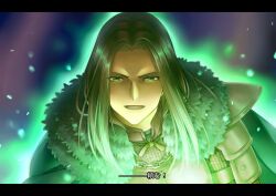 1boy :d armor black_border blue_background border brown_hair cape commentary_request dragon_quest dragon_quest_x fake_subtitles fur_shawl glowing green_eyes highres kuro11_222 letterboxed long_hair looking_at_viewer male_focus mature_male open_mouth padre_(dq10) parted_hair portrait purple_background scene_reference shawl smile solo translation_request