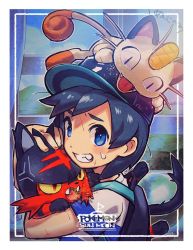 1boy acmng backpack bag baseball_cap black_hair black_hat blue_eyes copyright_name creatures_(company) elio_(pokemon) game_freak gen_1_pokemon gen_7_pokemon hat highres litten looking_at_viewer male_focus meowth nintendo pokemon pokemon_(creature) pokemon_sm scratches shirt short_hair smile striped_clothes striped_shirt swept_bangs t-shirt