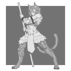 1girl abs animal_ears armlet barefoot border cat_ears cat_tail facial_mark furry furry_female grey_background greyscale highres holding holding_staff jewelry loincloth monochrome muscular muscular_female niandni original skirt smile solo staff tail tribal whisker_markings white_border