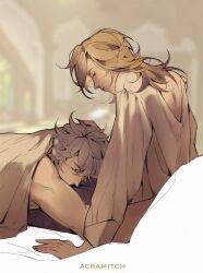 2boys acra_mitch alhaitham_(genshin_impact) artist_name blonde_hair blush closed_eyes commentary english_commentary genshin_impact grey_hair highres kaveh_(genshin_impact) long_hair long_sleeves looking_at_another looking_down lying lying_on_person male_focus multiple_boys shirt short_hair sleeping under_covers unfinished white_shirt yaoi