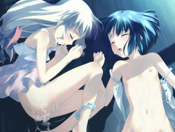 2girls aftersex amami_mikihiro ass black_hair blonde_hair blue_hair blush closed_eyes cum cum_in_pussy cum_on_body cumdrip dress flat_chest kashiwagi_hatsune kashiwagi_kaede kizuato loli long_hair multiple_girls navel nipples nude open_clothes panties panties_around_leg short_hair underwear white_hair