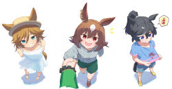 Rule 34 | 4girls, aged down, ahoge, animal ears, bandaid, bandaid on knee, bandaid on leg, bare shoulders, black hair, blue eyes, blue shirt, brown hair, brown shoes, commentary request, dress, ears through headwear, full body, green shorts, grey shirt, grin, hair between eyes, handshake, hat, horse ears, horse girl, horse tail, katsuragi ace (umamusume), ketchup, long hair, long sleeves, looking at viewer, mr. c.b. (umamusume), mukakin, multicolored hair, multiple girls, plaid clothes, plaid shirt, red eyes, sandals, shirt, shoes, short sleeves, shorts, simple background, sirius symboli (umamusume), smile, speed symboli (umamusume), spoken food, stained clothes, streaked hair, striped clothes, striped shirt, tail, umamusume, white background, white dress, white hair, yellow shoes