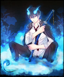 1boy ao_no_exorcist arima_(iro_rabbit) black_hair blue_eyes blue_fire fire highres jacket jacket_on_shoulders male_focus necktie okumura_rin pointy_ears sheath sheathed solo striped_necktie striped_neckwear sword weapon