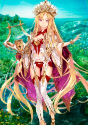 Rule 34 | 1girl, bra, bracelet, breasts, camisole, cleavage, cleavage cutout, closed mouth, clothing cutout, crown, detached leggings, europa (fate), fate/grand order, fate (series), feet out of frame, fingernails, game cg, garter belt, gluteal fold, gold bracelet, halterneck, hands up, heart, holding, holding harp, holding instrument, instrument, jewelry, large breasts, lingerie, long hair, looking at viewer, low neckline, midriff peek, navel, official art, outstretched arms, panties, parted bangs, pink nails, pink shawl, purple eyes, red bra, red panties, redjuice, sandals, see-through clothes, see-through shawl, shawl, smile, solo, strapless, thigh gap, third-party source, two-sided fabric, two-sided shawl, underwear, variant set, very long hair, white camisole, white shawl