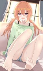 1girl :d backlighting bare_legs bare_shoulders barefoot blush casual chinoha_usagi commentary couch day dutch_angle eyelashes eyes_visible_through_hair feet full_body green_sweater grey_shorts hair_between_eyes highres inaba_meguru indoors knees_up long_hair looking_at_viewer low_twintails naughty_face off-shoulder_sweater off_shoulder official_alternate_costume official_alternate_hairstyle on_couch open_mouth orange_hair red_eyes sanoba_witch shorts sidelocks sitting sleeves_past_wrists smile soles solo sweat sweater toes tsurime twintails window