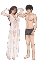 1boy 1girl barefoot black_hair boxer_briefs bra breasts brown_hair commentary_request dress elbow_gloves full_body gloves large_breasts lingerie long_hair looking_at_viewer male_underwear mature_female navel original panties sato-san_(yewang19) see-through_clothes see-through_dress simple_background stomach topless_male underwear v-shaped_eyebrows very_long_hair white_background white_bra white_gloves white_panties yewang19