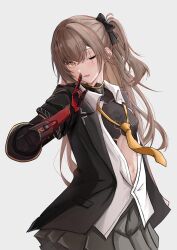 Rule 34 | 1girl, absurdres, black jacket, bow, breasts, brown hair, collared shirt, finger to mouth, girls&#039; frontline, girls&#039; frontline 2: exilium, grey background, hair bow, highres, jacket, leva (girls&#039; frontline 2), long hair, looking at viewer, loose necktie, mechanical arms, navel, necktie, one eye closed, open mouth, partial bodysuit, pleated skirt, ponytail, satsumaagee, scar, scar across eye, scar on face, shirt, simple background, single mechanical arm, skirt, small breasts, smile, solo, ump45 (girls&#039; frontline), white shirt, yellow eyes, yellow necktie