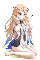 Rule 34 | 1girl, absurdres, armpit crease, bare legs, bare shoulders, barefoot, black collar, black dress, blonde hair, blue eyes, blush, breasts, cartethyia (wuthering waves), center opening, closed mouth, collar, commentary, crown of thorns, dress, earrings, english commentary, feet, hands up, heart, highres, jewelry, knosdeba, legs, long hair, looking at viewer, medium breasts, pointy ears, sidelocks, simple background, sitting, smile, solo, tabard, tacet mark (wuthering waves), toes, wariza, white background, white tabard, wuthering waves