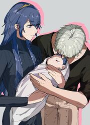 Rule 34 | 1boy, 2girls, amikoiiko, baby, black dress, black shirt, blue eyes, blue hair, carrying, carrying baby, carrying person, closed eyes, closed mouth, commentary, commission, dress, english commentary, family, father and daughter, female morgan (fire emblem), fire emblem, fire emblem awakening, grey background, husband and wife, long hair, long sleeves, lucina (fire emblem), male robin (fire emblem), mother and daughter, multiple girls, nintendo, ribbed dress, shirt, short hair, short sleeves, simple background, skeb commission, sleeping, smile, tiara, white hair