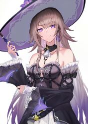 1girl absurdres breasts brown_hair detached_sleeves dress flower hat hat_flower herta_(honkai:_star_rail) highres holding holding_wand honkai:_star_rail honkai_(series) jewelry key key_necklace long_hair necklace potemaka purple_eyes purple_nails small_breasts smile strapless strapless_dress the_herta_(honkai:_star_rail) wand witch_hat