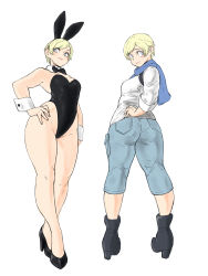 Rule 34 | 1girl, animal ears, ass, black leotard, blonde hair, blue eyes, breasts, closed mouth, detached collar, fake animal ears, full body, high heels, highres, leotard, looking at viewer, playboy bunny, rabbit ears, resident evil, resident evil 6, sherry birkin, short hair, simple background, smile, solo, strapless, strapless leotard, toshinoshin, white background, wrist cuffs