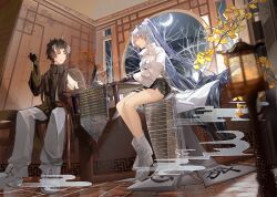 Rule 34 | 1boy, 1girl, absurdres, arknights, arm up, black shorts, blue hair, boots, brother and sister, chinese commentary, chongyue (arknights), closed eyes, closed mouth, commentary request, dragon girl, dragon horns, enddie1060 (tyasakura), facing another, full body, grey eyes, grey footwear, grey pants, highres, horns, index finger raised, indoors, jacket, knee boots, light particles, ling (arknights), long hair, looking at viewer, open mouth, pants, plant, pointy ears, potted plant, profile, shorts, siblings, sitting, smile, very long hair, white jacket