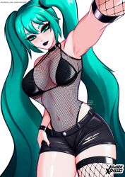 1girl absurdres armpits breasts commentary darkxenssei english_commentary eyelashes eyeliner fishnet_top fishnets goth_fashion hatsune_miku highres large_breasts makeup ponytail self-upload shorts thighs variant_set vocaloid wide_hips