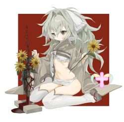1girl absurdres blood border bound brown_eyes clothing_request commentary commission fish flat_chest flower green_hair highres japanese_clothes kichiko_(ryu10855) long_hair long_sleeves original petite red_background rope sandals shibari simple_background sitting skinny solo sunflower thighhighs tied_up_(nonsexual) wariza white_border white_thighhighs wide_sleeves