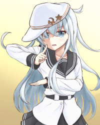 Rule 34 | 1girl, black skirt, gradient background, grey eyes, grey hair, hair between eyes, hammer and sickle, hat, hibiki (kancolle), highres, ichimai (apieceof ray151), kantai collection, long hair, long sleeves, looking at viewer, pleated skirt, school uniform, serafuku, simple background, skirt, solo, verniy (kancolle), white hat, yellow background