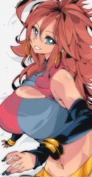 Rule 34 | 1girl, android 21, black nails, blue eyes, bracelet, breasts, checkered clothes, checkered dress, cleavage, detached sleeves, dragon ball, dragon ball fighterz, dress, earrings, harem pants, highres, hoop earrings, jewelry, kinakomochi (user vedc2333), large breasts, long hair, looking at viewer, medium breasts, multicolored dress, multiple bracelets, pants, simple background, smile, solo, two-tone dress, white background