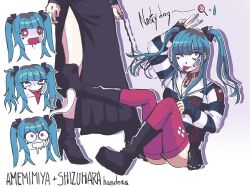 2girls amemiya_darumi black_hair blue_hair character_name collar drooling english_text eyelashes face_piercing female_focus fingernails full_body highres leash lip_piercing long_sleeves lower_body makeup multicolored_hair multiple_expressions multiple_girls one_eye_covered piercing pink_eyes runny_makeup safety_pin saliva shirt shizuhara_hiruko striped_clothes striped_shirt teeth the_hundred_line_-last_defense_academy- tongue tongue_out upper_teeth_only white_background yuri