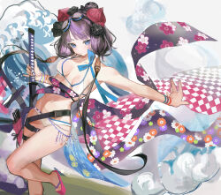 1girl absurdres akalee bare_shoulders bikini blue_eyes blue_ribbon bracelet breasts breasts_apart chinese_commentary closed_mouth commentary_request fate/grand_order fate_(series) feet_out_of_frame floral_print_sash goggles goggles_on_head hair_ornament highres holding holding_sword holding_weapon jewelry katana katsushika_hokusai_(fate) katsushika_hokusai_(swimsuit_saber)_(fate) legs_apart looking_at_viewer medium_breasts multiple_bracelets navel obijime purple_hair ribbon sandals sash sheath sheathed short_hair_with_long_locks solo stomach swim_goggles swimsuit sword thigh_strap waist_sash water waves weapon white_bikini