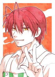 Rule 34 | 1boy, 2024, antenna hair, apron, border, brown hair, cigarette, clannad, collared shirt, commentary, dated, eyes visible through hair, furukawa akio, grin, hair between eyes, hand up, highres, looking at viewer, male focus, mature male, misaki juri, nose, orange background, outside border, shirt, short hair, signature, simple background, smile, smoke, smoking, solo, tsurime, v, v-shaped eyebrows, white border, white shirt, yellow eyes