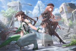2girls absurdres ankle_boots ass bare_shoulders beret black_boots black_gloves black_hair black_hat black_jacket bodysuit boots breasts brown_hair closed_mouth eve_(stellar_blade) fingerless_gloves foot_out_of_frame free_style_(yohan1754) gloves goddess_of_victory:_nikke gun hat high_heels highres holding holding_gun holding_weapon jacket large_breasts long_hair long_sleeves multiple_girls necktie outdoors parted_lips ponytail rapi_(nikke) red_eyes red_necktie sitting smile stellar_blade thighs weapon white_gloves
