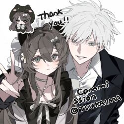 1boy 1girl animal_ears black_dress blue_eyes blush bow brown_hair cat_ears chibi chibi_inset choker collared_shirt dress english_text green_eyes hair_between_eyes hair_ornament jacket long_hair looking_at_viewer male_focus minirai0707 original ribbon shirt short_hair upper_body v watermark white_background white_bow white_hair white_shirt