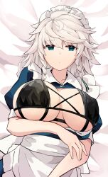 Rule 34 | 1girl, absurdres, apron, arm under breasts, bikini, black bikini, braided sidelock, breasts, breasts out, closed mouth, expressionless, frilled apron, frills, highres, hira-san, izayoi sakuya, large breasts, looking at viewer, lying, maid, maid apron, maid headdress, medium hair, on back, puffy short sleeves, puffy sleeves, short sleeves, solo, swimsuit, touhou, waist apron, white apron, white headdress