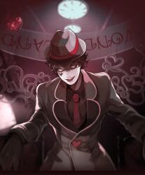 1boy black_gloves brown_hair closed_mouth disneyland formal_clothes gloves hat heart jack_heart kyou_o long_hair long_sleeves looking_at_viewer makeup male_focus necktie red_eyes red_necktie simple_background smile suit