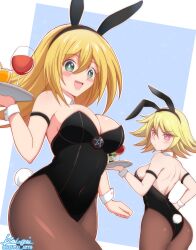 2girls absurdres animal_ears back bare_shoulders black_leotard blonde_hair blue_background blush blush_stickers breasts bunny_day cleavage commentary covered_navel dark_magician_girl detached_collar duel_monster english_commentary gagaga_girl green_eyes highres ken-pai_(kenpai_arts) large_breasts leotard long_hair looking_at_viewer mixed-language_commentary multiple_girls open_mouth pantyhose playboy_bunny rabbit_ears rabbit_tail red_eyes short_hair sideboob simple_background tail thighhighs tray wrist_cuffs yu-gi-oh!