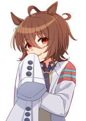 1girl absurdres agnes_tachyon_(umamusume) ahoge animal_ears ao_(flowerclasse) black_necktie black_shirt brown_hair collared_shirt commentary_request commission hair_between_eyes hand_up highres horse_ears lab_coat long_sleeves looking_at_viewer necktie parted_lips pixiv_commission red_eyes shirt simple_background sleeves_past_fingers sleeves_past_wrists smirk solo sweater_vest umamusume umamusume:_beginning_of_a_new_era upper_body white_background