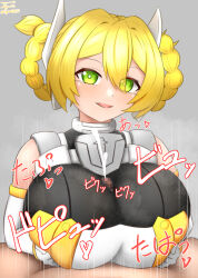 Rule 34 | 1girl, 30 minutes sisters, absurdres, armor, blonde hair, blush, clothed female nude male, clothed paizuri, clothed sex, green eyes, highres, nude, paizuri, sigumaster35, smile, yufia